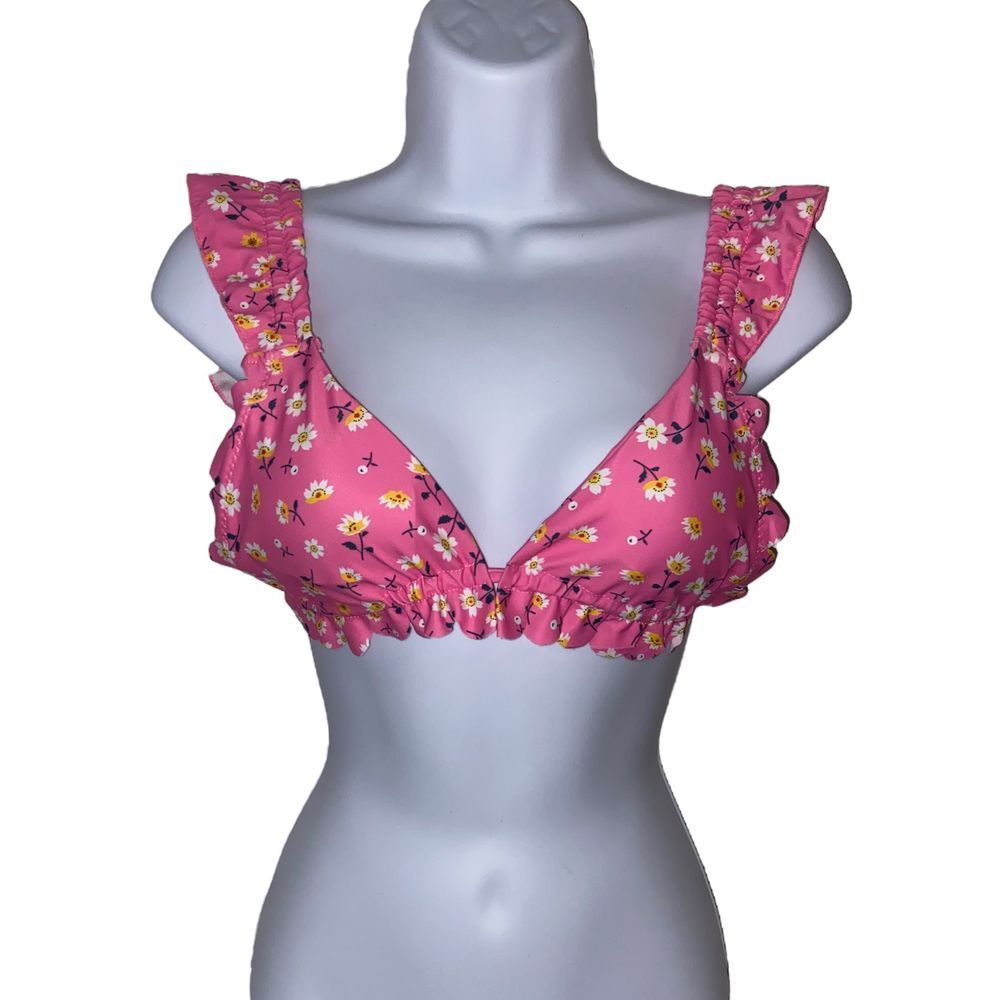 Pink Floral Ruffle‎ Bikini Top Daisy Print Swimming Suit Summer Beach Size Small